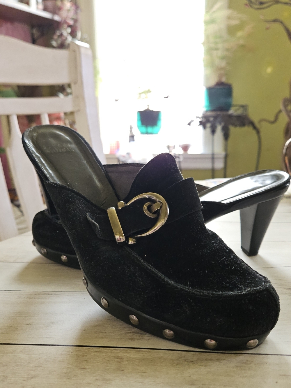Black Stuart Weitzman Suede Heeled Mules with Gold Buckle